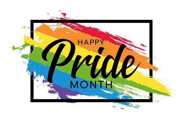 Gökkuşağı bayrak fırçası ve dikdörtgen çerçeve tasarımı üzerine Mutlu gurur ayı metin sözcüğü