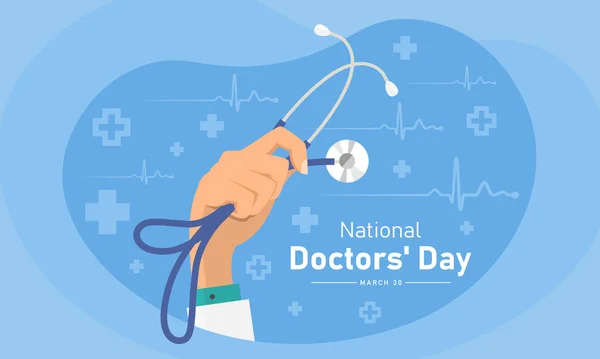 Національний День Лікаря Доктором Рука Тримає Стетоскоп Синій Хвилі Серця — стоковий вектор