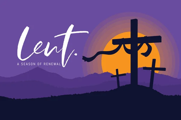 Lent Season Renewal Banner Crucifix Hill Sunset Purple Sky Vector — Stock Vector