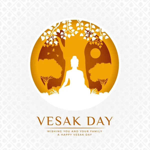 Vesak Day Banner Blanc Jaune Seigneur Buddha Méditer Sous Arbre — Image vectorielle