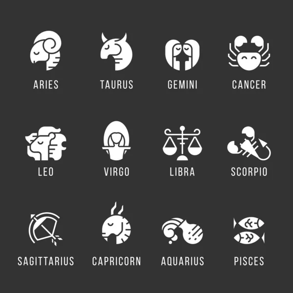 Ensemble Astrologie Avec Icônes Blanches Signes Zodiaque Sur Fond Noir — Image vectorielle