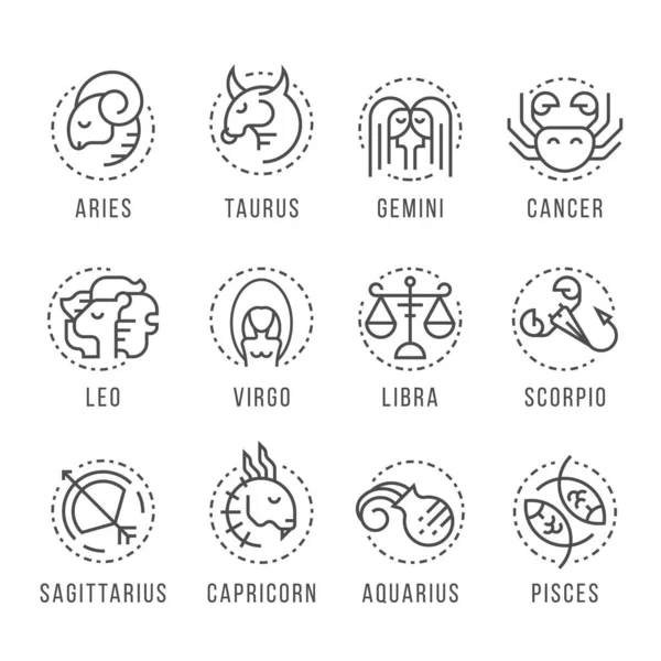 Horoscope Mono Line Border Dash Circle Icon Collection Vector Design — Stock Vector