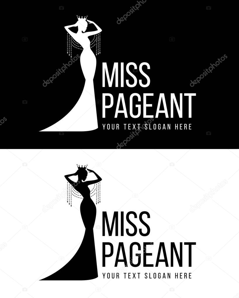 Miss pageant logo with white and black Beauty queen wear Crown and Wear a crystal dress sign vector design