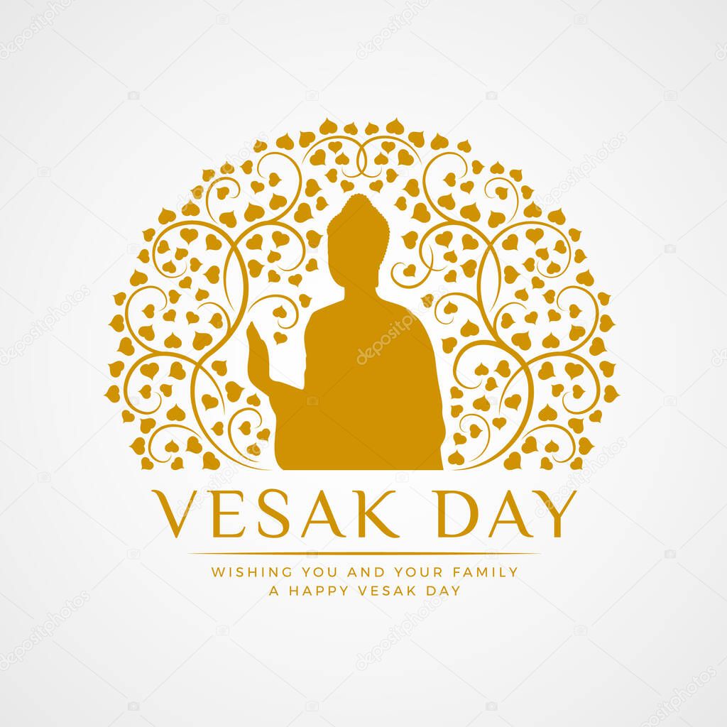 Vesak day banner with gold The Buddha in circle abstract Bodhi branch sign vector design