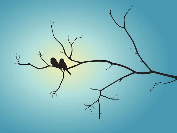 Svart Skugga Fågel Och Träd Gren Blå Sol Ljus Vektor — Stock vektor