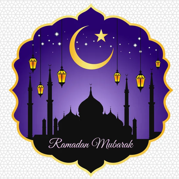Ramadan Mubarak Φεγγάρι Αστέρι Φανάρι Και Masjid Βιολετί Διάνυσμα Φόντο — Διανυσματικό Αρχείο