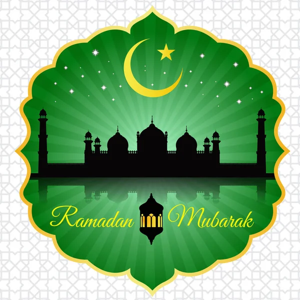 Ramadán Mubarak Linterna Estrella Luna Mezquita Patrón Verde Árabe — Vector de stock