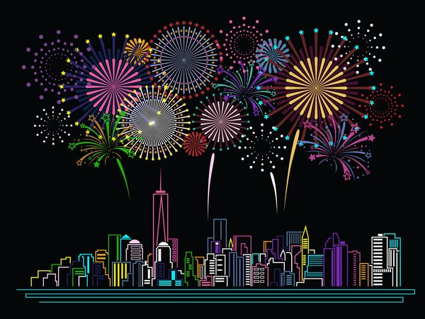 Cityscape Building Line Art Firework Design — Stock Vector