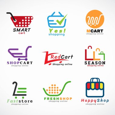 Alışveriş arabasının logosu ve alışveriş çantaları logo vektör kümesi grafik tasarımı