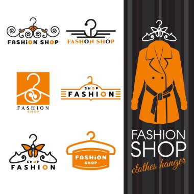 Moda mağazası logosu - turuncu gömlekler ve elbise askısı vektör seti tasarımı