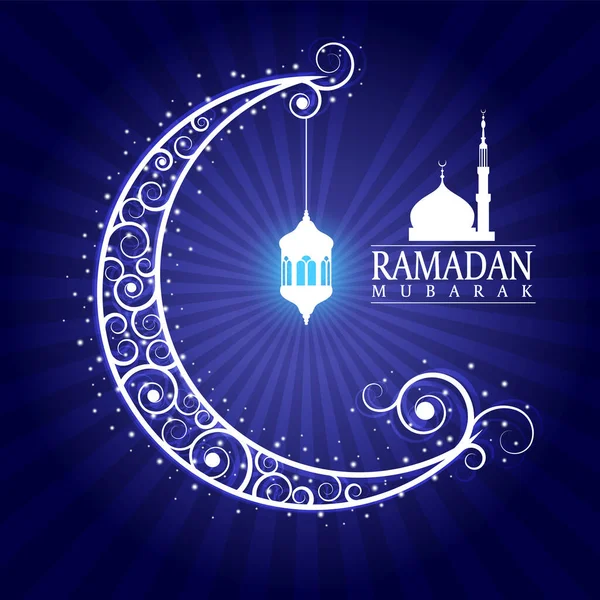 Ramadan Mubarak Κρέμονται Λαμπτήρες Στο Φεγγάρι Και Masjid Μπλε Φόντο — Διανυσματικό Αρχείο