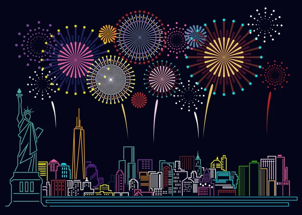 Cityscape Building Line New York Stad Vuurwerk Kunst Vector Illustratie — Stockvector