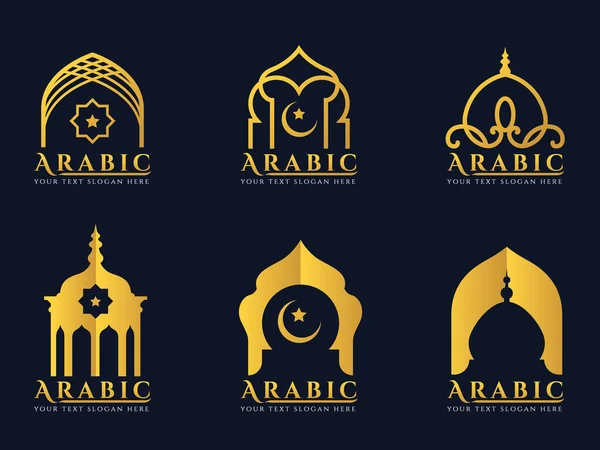 Oro Árabe Ventanas Puertas Arquitectura Logo Vector Conjunto Diseño — Vector de stock
