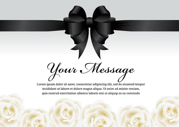Funeral Card Black Ribbon Bow White Rose Flower Vector Design — Stock Vector