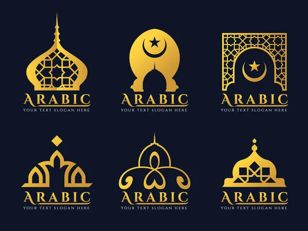 Oro Puertas Árabes Mezquita Arquitectura Arte Logo Vector Conjunto Diseño — Vector de stock