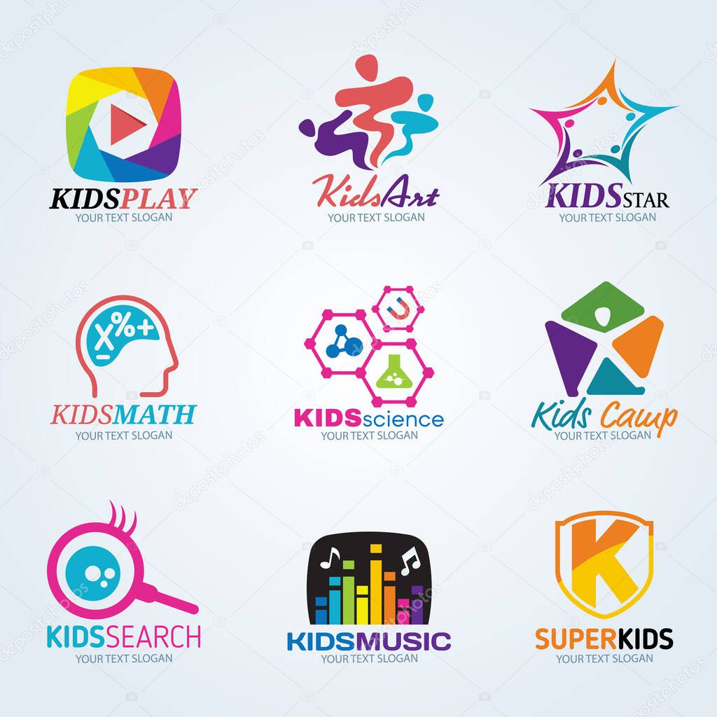 Kids child for art and summer camp logo vector set design