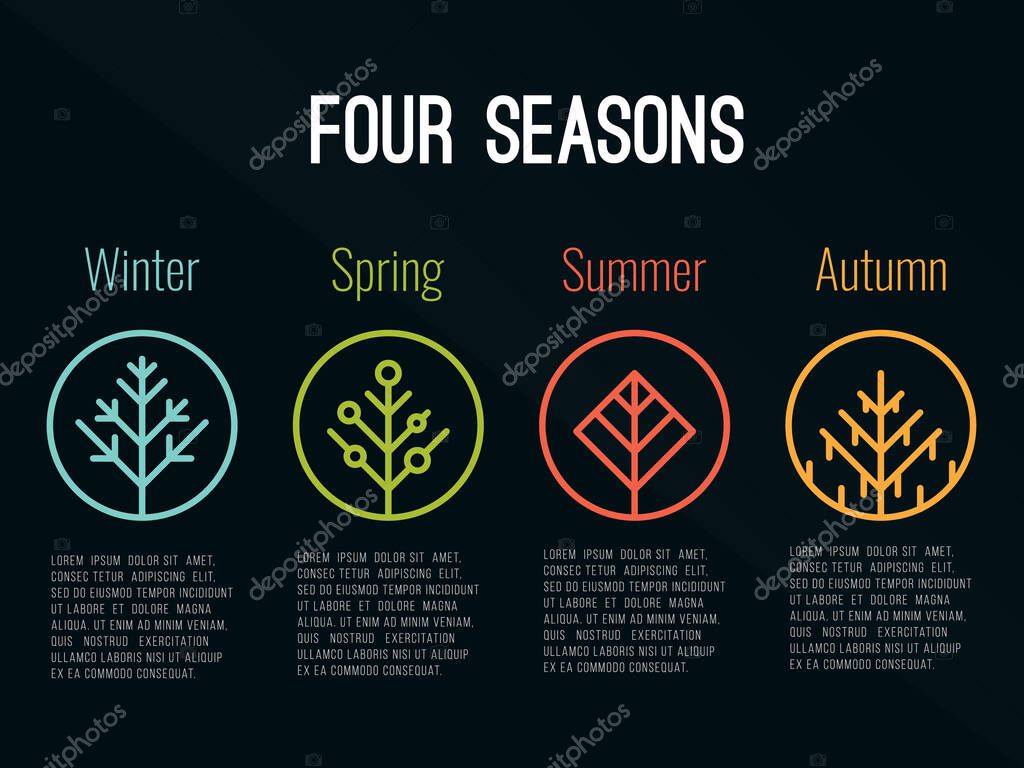 4 seasons tree icon sign in circle (Winter Spring Summer and Autumn) vector design