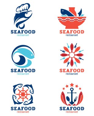 Deniz ürünleri restoranı ve balık logosu seti tasarımı