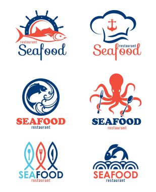 Deniz ürünleri restoranı ve balık logosu seti tasarımı