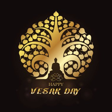 Happy Vesak day - Gold Buddha under Bodhi Tree and lotus art vector design clipart