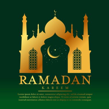 Altın camili Ramazan Kareem ve yeşil arkaplan tasarımı penceresinde ay yıldızı