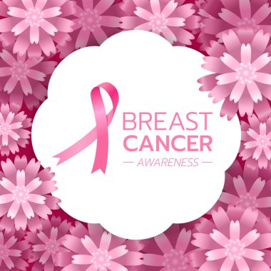 Beyaz daire pankartı ve pembe soyut çiçek vektör tasarımı üzerine Pembe kurdele işareti ve Göğüs Kanseri AVARENESS metni