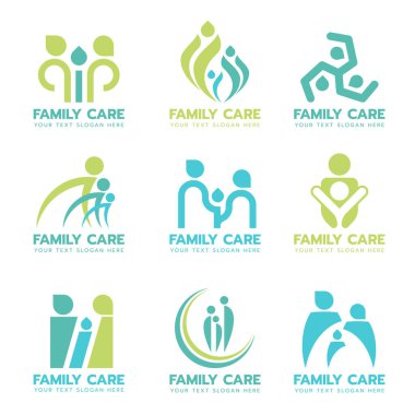 Yeşil mavi aile bakım logosu işaret seti tasarımı