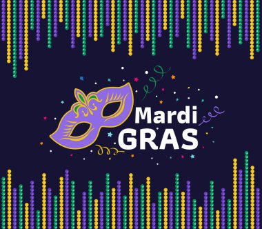 Mardi Gras festival kartı maske işareti ve Mardi Gras metni yeşil mor boncuk çerçeve vektör tasarımı arasında