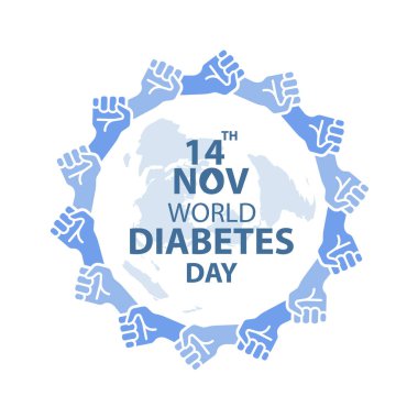 Dünya Diyabet Günü Farkındalığı Mavi El Halkası yüzük işareti ve harita dünya vektör tasarımı