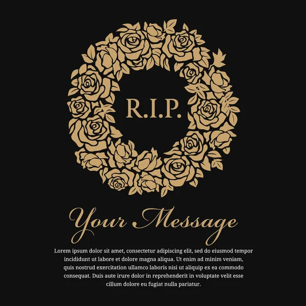 Funeral Card Text Circle Gold Wreath Rose Vector Design — Stock Vector