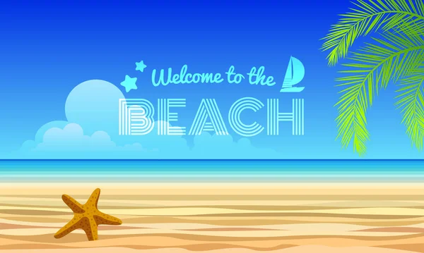 Bienvenido Texto Playa Estrellas Mar Arena Mar Hojas Coco Diseño — Vector de stock