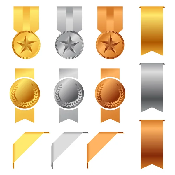 Médailles Argent Bronze Rubans Décoratifs Vectoriels Set Design — Image vectorielle