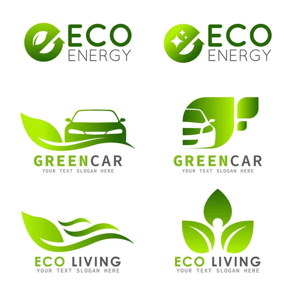 Logotipo Eco Verde Com Letra Folha Design Conjunto Vetor Carro —  Vetores de Stock