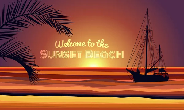欢迎来到日落海滩文字与船和椰子叶在黄昏海滩抽象背景矢量设计 — 图库矢量图片