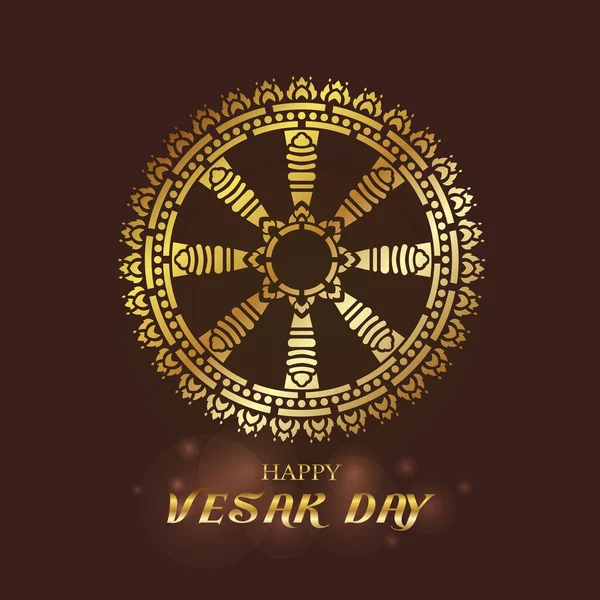 Happy Vesak Day Gold Dharmachakra Sau Wheel Dhamma Art Vector — Vector de stoc
