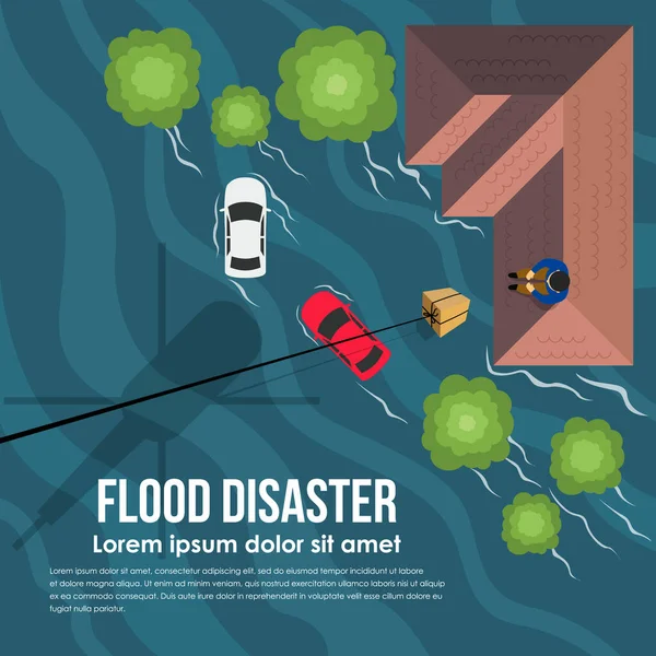 Flood Disaster Top View Helicopter Deliver Help Box Flood Victims — Stock Vector