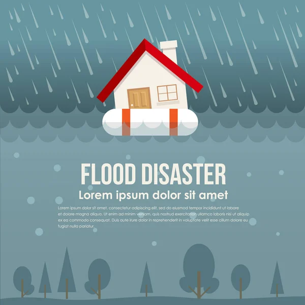 Catastrophe Inondation Avec Maison Sur Anneau Vie Dans Eau Inondation — Image vectorielle