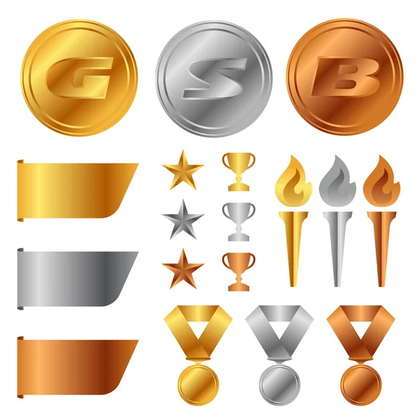 Médailles Bronze Argent Trophée Coupe Prix Début Torche Tag Bannière — Image vectorielle