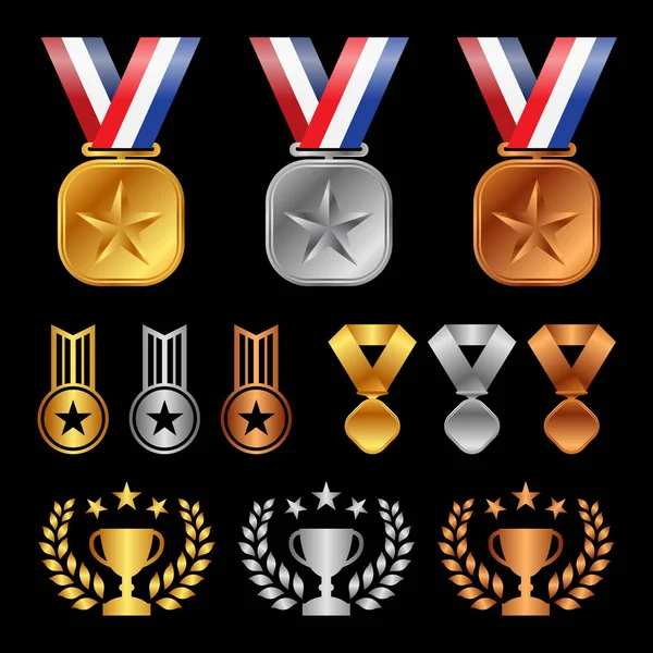 Médailles Bronze Argent Feuille Olivier Trophée Cup Début Vectoriel Set — Image vectorielle