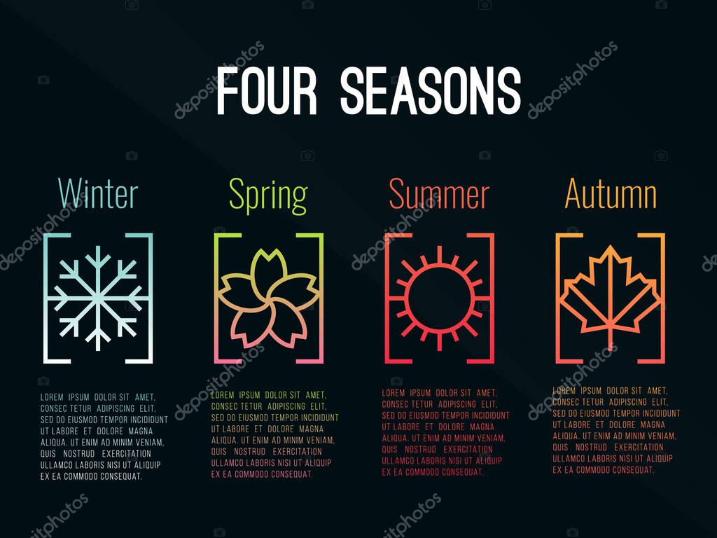 4 seasons icon sign in border gradients  with Snow Winter , Flower Spring , Sun Summer and maple leaf  Autumn vector design