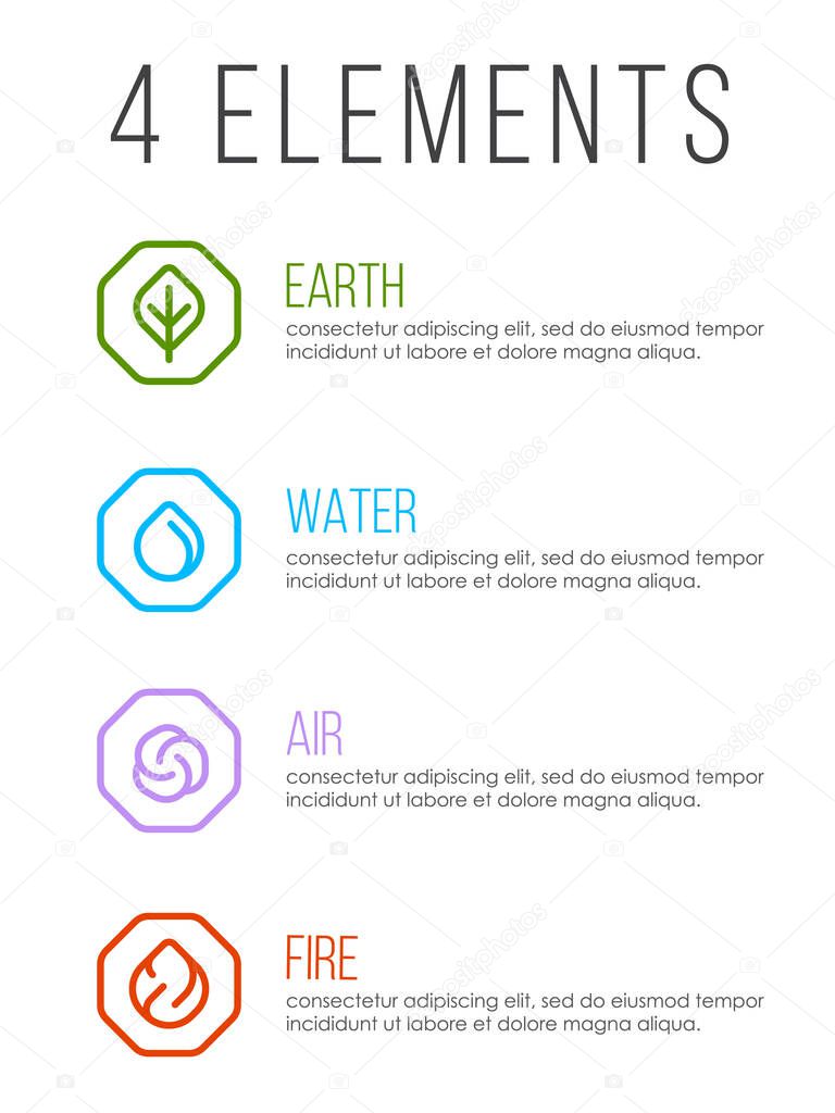 Nature 4 elements in line border abstract icon sign. Water, Fire, Earth, Air. vector design