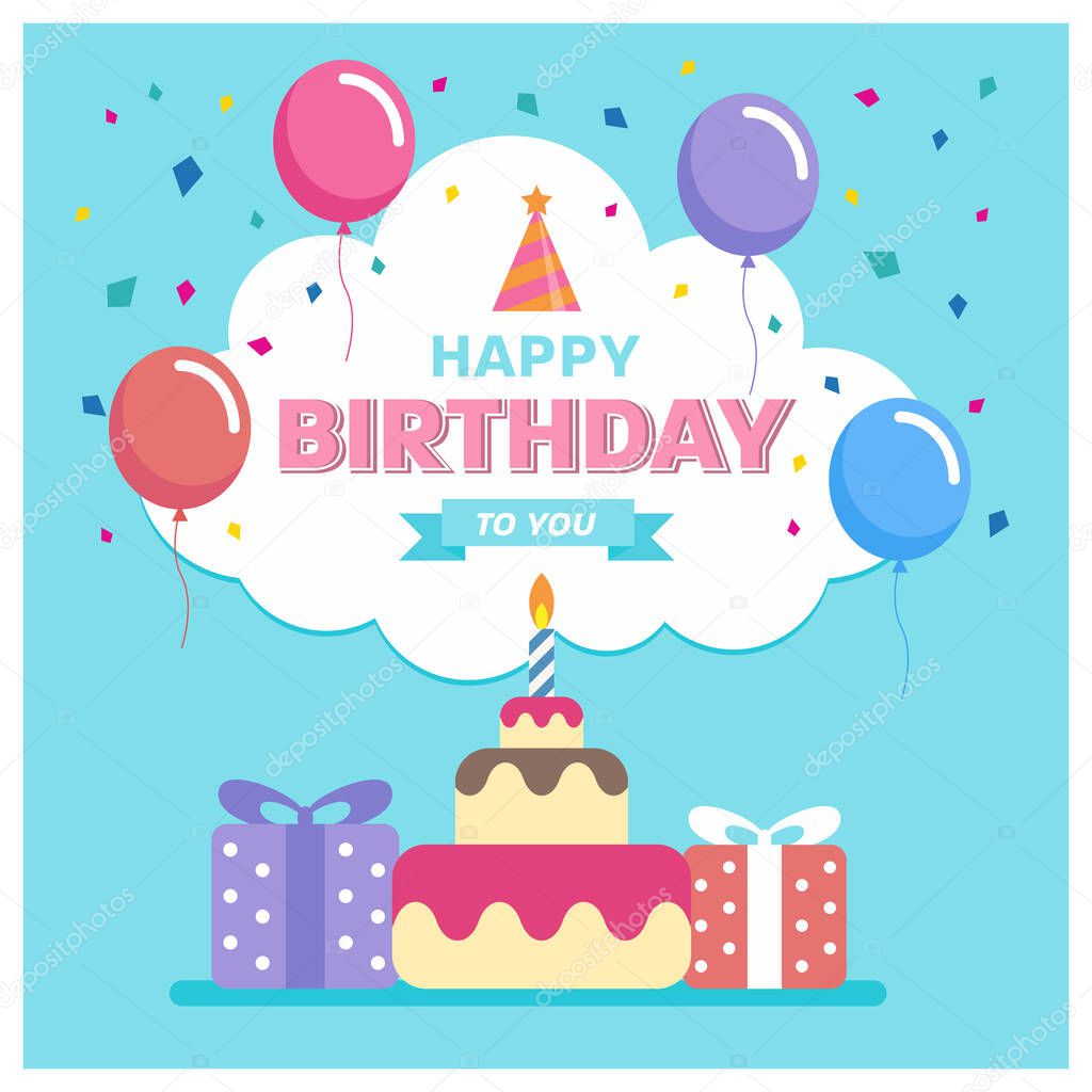 Happy birthday to you with cake , gift box balloon and ribbon on blue background