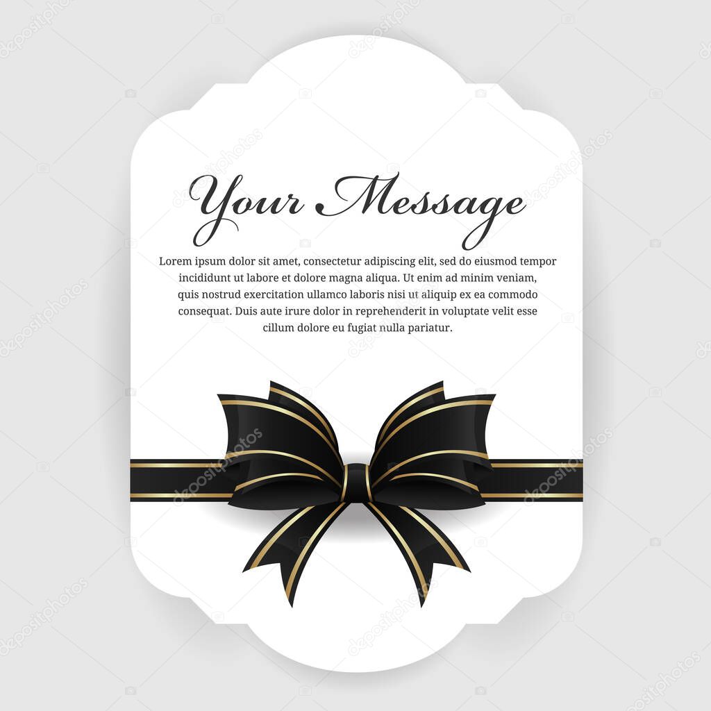 Funeral card - Black and gold ribbon bow and white vintage paper vector design
