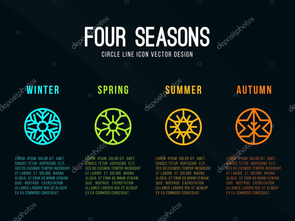 4 seasons icon sign in circle border line with Snow Winter , Flower Spring , Sun Summer and maple leaf  Autumn vector design