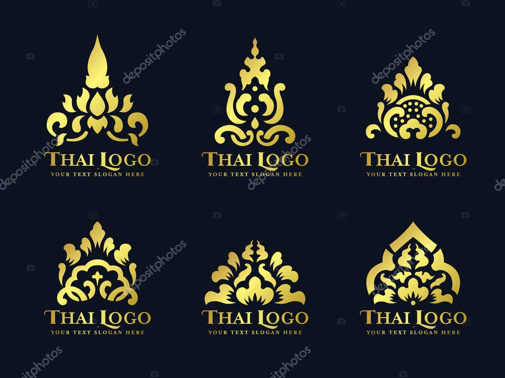 Gold thai art traditional lotus flower logo vector set design