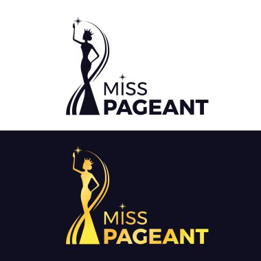 miss pageant logo - black and gold The beauty queen pageant wearing a crown and reaching for the stars sign vector design