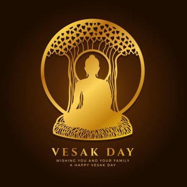 Altın Buda 'lı Vesak Günü pankartı Bodhi ağacının altında daire çerçeve işaretli vektör tasarımında meditasyon yap