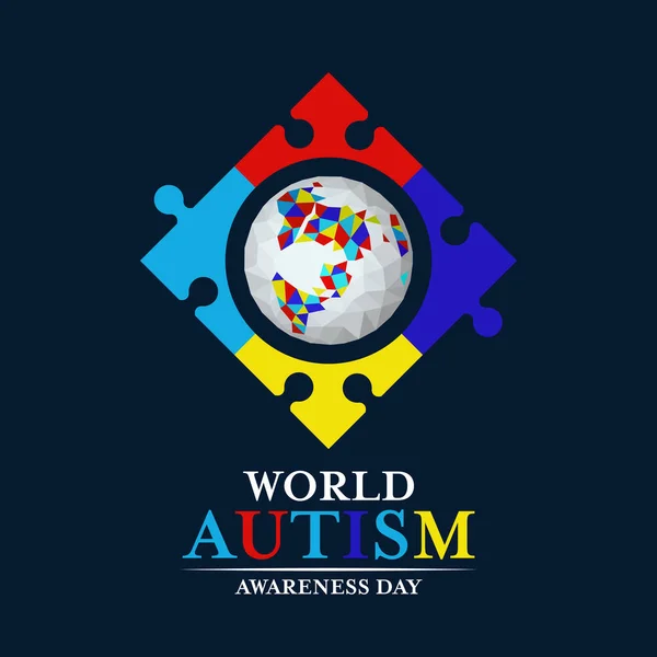 Autism Awareness Abstract Low Polygon Earth Puzzle Frmae Sign Dark — Vector de stock