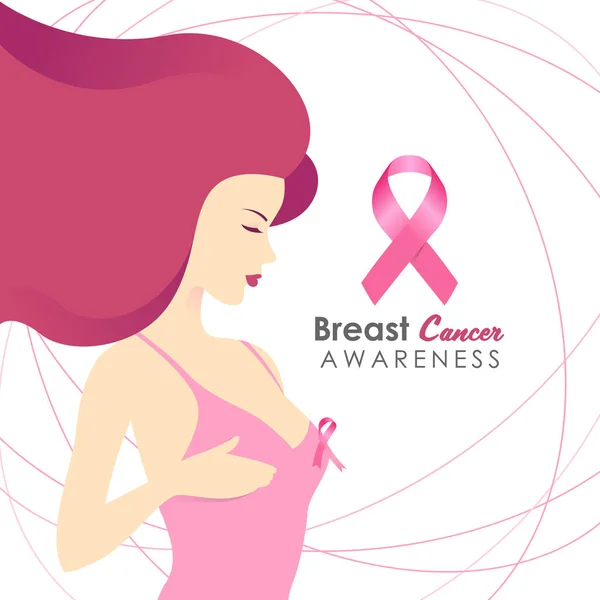Breast Cancer Awareness Woman Doing Breast Self Examand Pink Ribbon — Stockvector