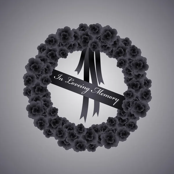 Funeral Wreath Black Flowers Ribbon Loveing Memory Text Vector Design — Stock Vector